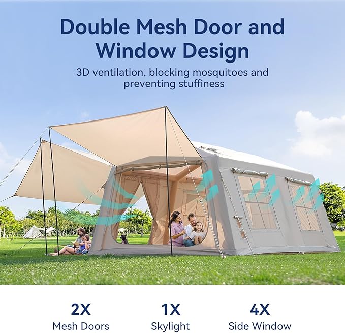 Inflatable Tent for Camping Waterproof Oxford Large Blow Up Hot Tent with Pump Easy Setup Inflatable Glamping House Air Tent for Family 4/6/8/10/12 People