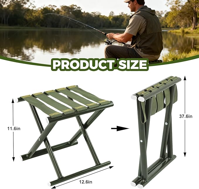 Heavy Duty Folding Stool Full Steel Frame Camping Stool for Adults 400LBS Capacity Military Green Portable Stool with Thickened Webbing Anti-Slip Feet for Outdoor Camping Hunting Fishing Gardening