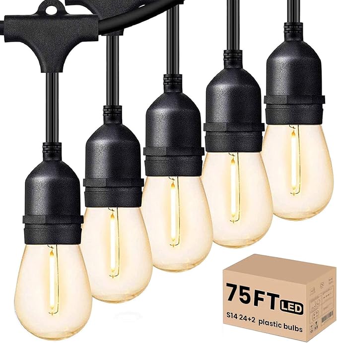 Svater Outdoor Led String Lights 75 FT Patio Lights for Outside with 26pcs S14 Shatterproof Bulbs IP65 Waterproof Commercial Grade Market Light 1 Watt E26 Dimmable 2700K Warm White