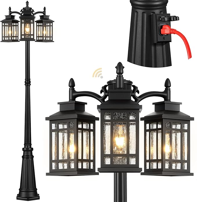 3-Head Outdoor Lamp Post Light with Outlet Black Dusk to Dawn Outdoor Posts Street Lights 100% Aluminum Anti-Rust Waterproof Modern Street Light for Garden House Doorway Weather Resistant