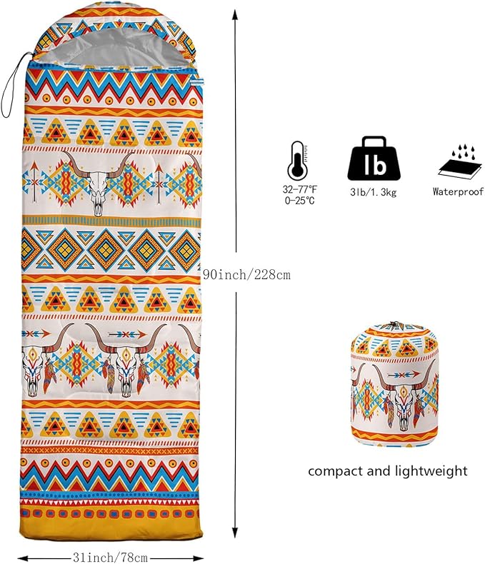 Kids Sleeping Bag for Boys GirlsBohemian Cowboy Print-Lightweight Warm Portable Outdoor Indoor-Waterproof Cold Weather Resistant Sleeping Bag for Camping Hiking