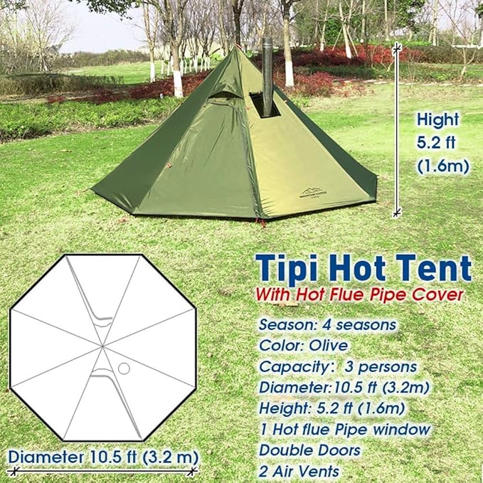 DANCHEL OUTDOOR Backpacking Hot Tent with Stove Jack 4 Season Lightweight Tipi Tent for 2/4/6 Person Winter Camping Hunting 10.5FT-16.4FT