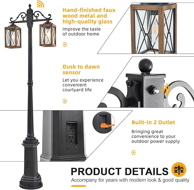 Dusk to Dawn Outdoor Lamp Post Lights with GFCI OutletDouble-Head Farmhouse Street Light FixtureAluminum Black Pole Exterior Lights Waterproof Lantern Outdoor Lighting
