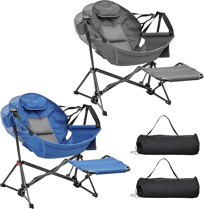 Ainfox Hammock Camping Chair with Footrest Heavy Duty Foldable Portable Rocking Hammock Chairs Outside Swinging Camp with Cup Holder Pillow for Outdoor Patio Poolside Grey Blue