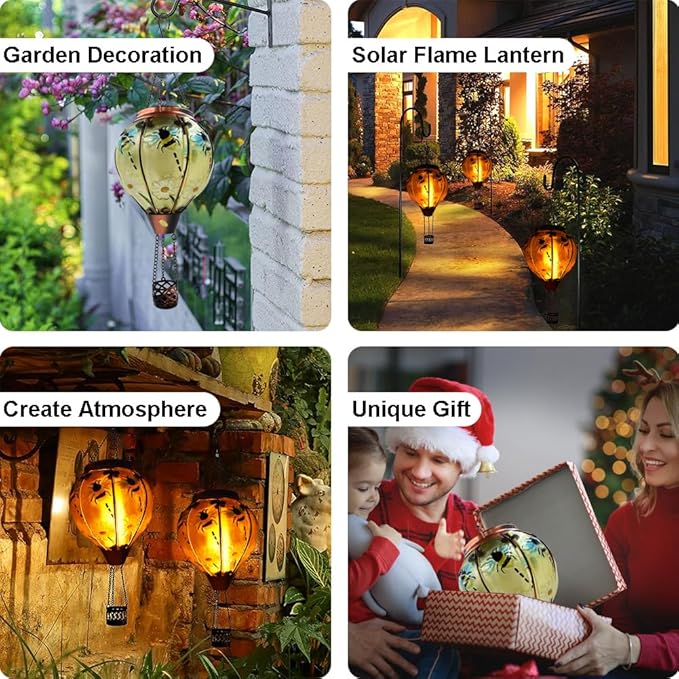 Hot Air Balloon Solar Lantern with Flickering Flame Glass Hanging Garden Lights Outdoor Waterproof for Tree Yard Patio Mother's Day Gift 18 H Bee