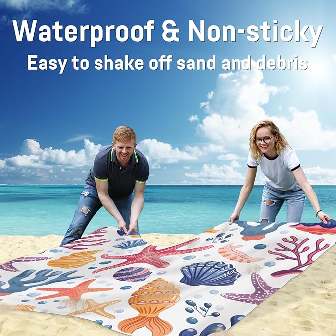 Waterproof Sandproof Beach Blanket 59''×68'' Ocean Shell Polyester Outdoor Picnic Blanket with 4 Stakes &amp Storage Bag for BeachCampingVacation Coral Reef