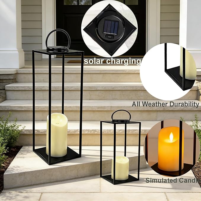 Set of 2 Large Solar Lanterns Outdoor Lighting 18 &amp 11 Inch - Black Metal Waterproof for Porch Patio Garden Decor Farmhouse Style All Year Round with Solar Candles