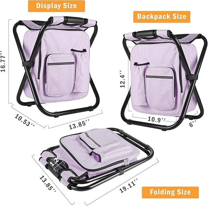 Out&ampAbout 3-in-1 Backpack Stool Cooler Chair 400 LBS Max Load Portable Folding Fishing Cooler Stool - Purple
