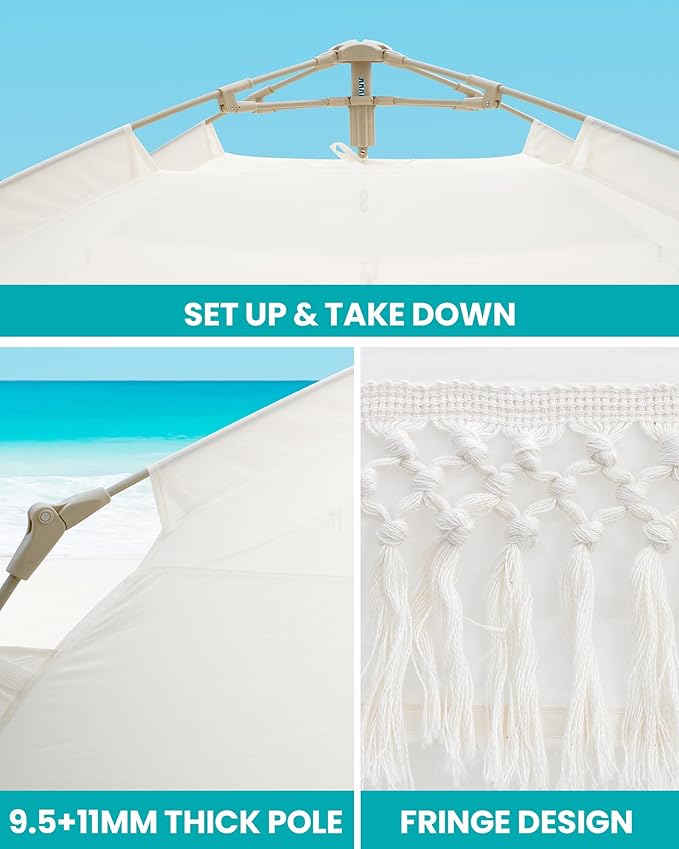OutdoorMaster Pop Up Beach Tent with Fringe for 4 Person Easy Setup and Portable Beach Shade Sun Shelter Canopy with UPF 50+ UV Protection 11MM Thick Pole