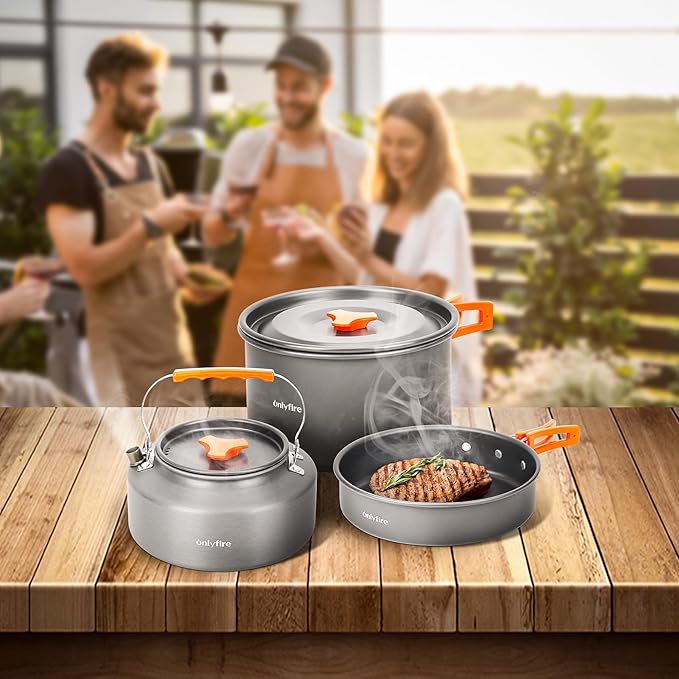 ONLYFIRE OUTDOOR LIVING14pcs Camping Cookware Set Lightweight Nonstick Pots Pan Kettle Utensils Bowls and Cleaning Tool with Mesh Bag for Camping Hiking Backpacking RV Tailgating Cooking CT604
