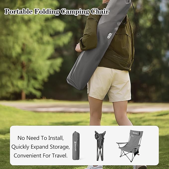 Folding Camping Chair with Armrests Portable Outdoor Lawn Chair with Detachable Headrest Lightweight Fishing Chair for Picnic Beach Lawn Balcony(Beigewith Footstool)