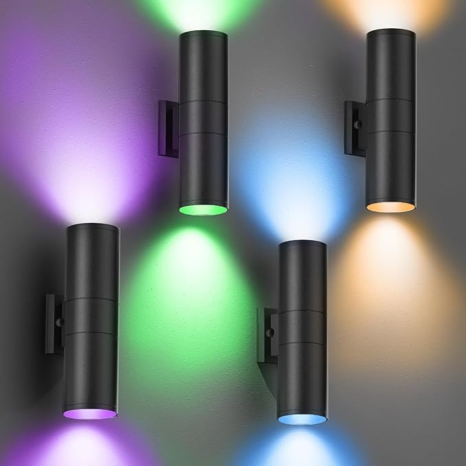 wowlite RGB Up and Down Lights Outdoor Wall Sconce 4 Pack Smart Color Changing Porch Lights Outdoor Wall Sconce Light WiFi Voice &amp App Control Tunable White Exterior Lights for House Porch Garag
