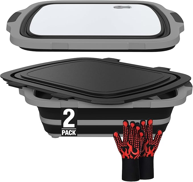 XL Collapsible BBQ Prep Tub with Cutting Board &amp Drain Plug – Portable Food Prep Station for Kitchen Camping &amp Grill – Dishwasher Safe Space-Saving Design – Heat-Resistant Glove Included (2-