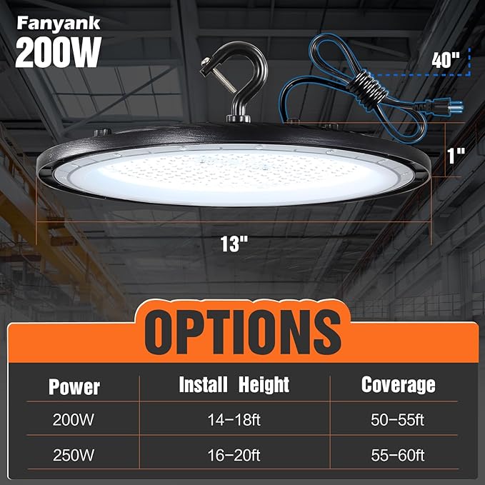 High Bay LED Shop Lights 200W UFO LED High Bay Light with US Plug 120V UFO LED High Bay Light for Garage Workshop Barn Warehouse Commercial Bay Lighting 5000K-Daylight 4 Pack