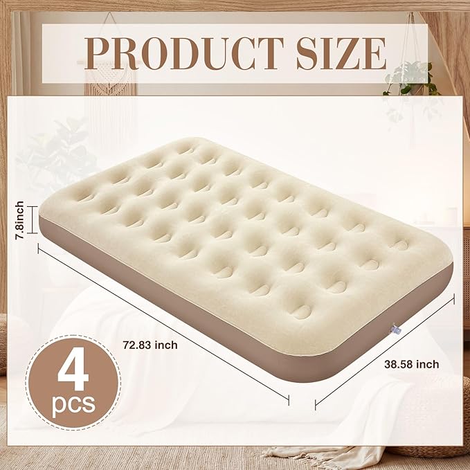 BreezeHug 4 Pcs Large Velvet Air Mattress Camping Twin Air Mattress Waterproof Portable Inflatable Blow Up Bed for Kids Adults Slumber Sleepover Party Guests Travel 73 X 39 X 7.9 Inches(Beige)