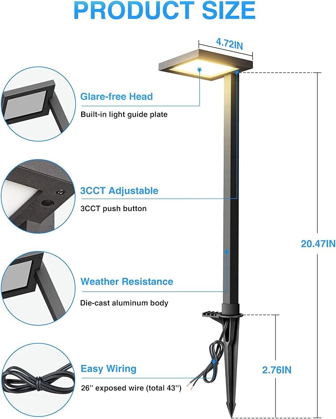 SUNVIE 3CCT Low Voltage Pathway Lights Wired Pathway Lights Outdoor 5W 3000K Anti Glare LED Low Voltage Landscape Lighting Waterproof Landscape Path Lights for Walkway Backyard Garden Patio 4 Pack