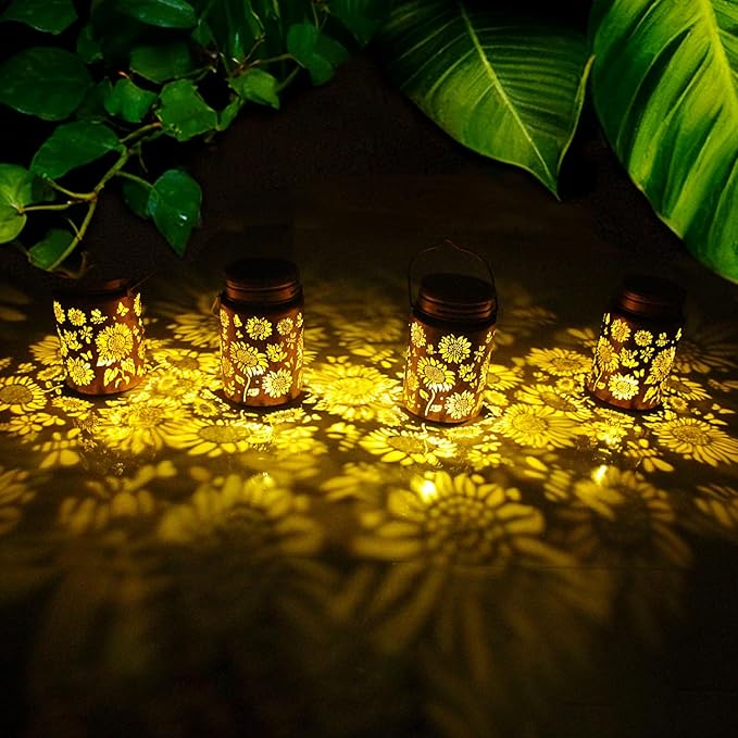 Solar Outdoor Lanterns 4pack Sunflower Garden Decor LED Light Hanging Sunflower Birthday Gifts for Women Mom Grandma (Sunflower 4pack)