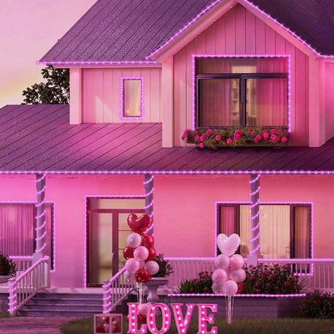 YEGUO Solar Valentine’s Day Light Outdoor Waterproof 66ft 200 LED Pink Rope Lights 8 Modes Tube Christmas String Lights in Clear Thin Tube