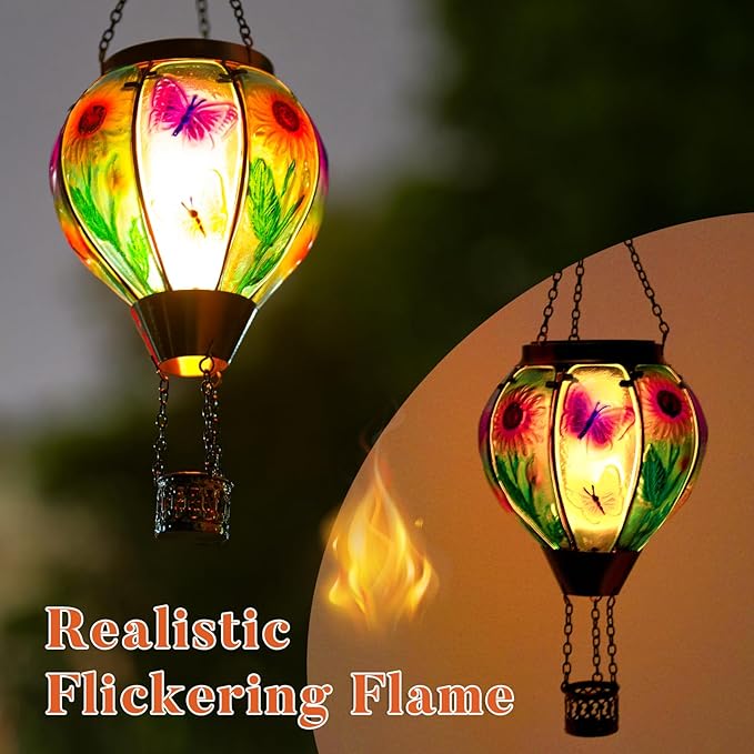 Hot Air Balloon Solar Lantern Butterfly Solars Powered Hot Air Balloon Lantern Outdoor Waterproof Glass Hanging Hots Air Balloons Solar Light for Outdoor Patio Garden Decor