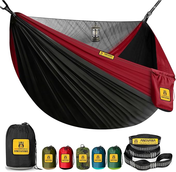 Camping Hammock with Mosquito Net 600 lbs Portable Hammock with Tree Straps2-in-1 Double/Single Travel hammocks Tent for Outside/Indoor/Backpacking/Beach-Black&ampRed