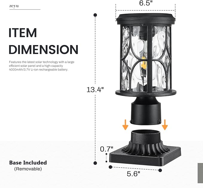 zeyu Outdoor Solar Column Light with Pier Mount Exterior Post Lighting Fixture with Remote Die-Cast Aluminum with Water Ripple Glass Shade Black Finish ZX48P-WG SL BK