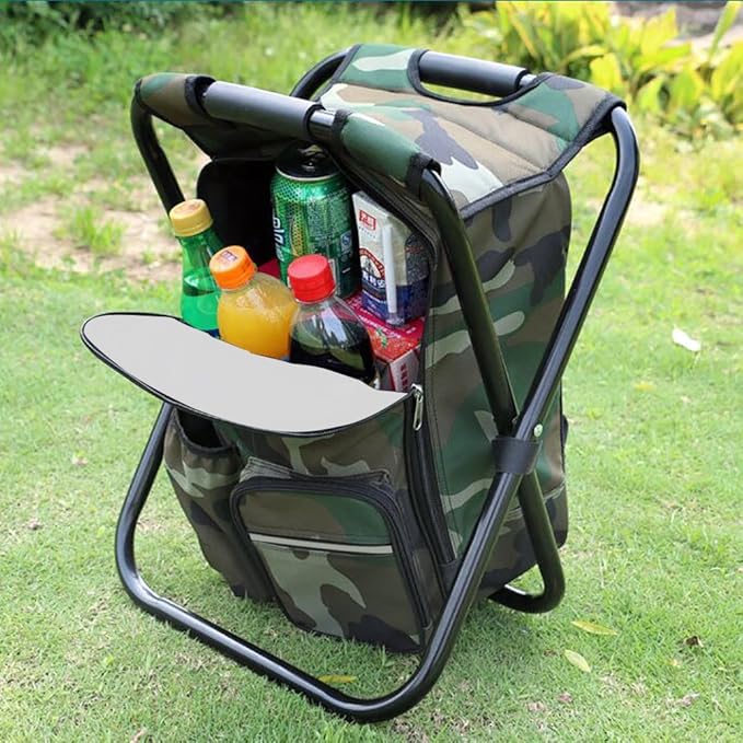 Folding Camping Chair Stool Backpack with Cooler Insulated Picnic Bag Hiking Camouflage Seat Table Bag Camping Gear Outdoor Fishing Hunting Gifts for Men