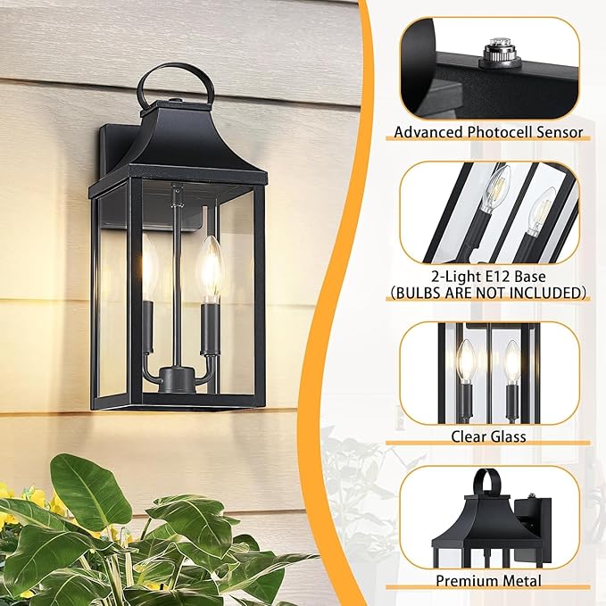 15 Dusk to Dawn Black Outdoor Wall Lantern 2-Light Outside Modern Wall Sconce Light Fixture Industrial Porch Light with E12 Sockets Waterproof Exterior Lamp Lighting Black
