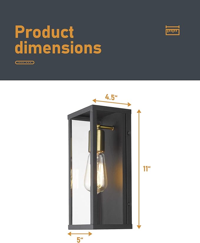 Outdoor Wall Light Exterior Lighting Fixtures Porch Light Wall Mount Lantern Sconce Matte Black &amp Brass Finish with Clear Glass Modern Wall Light for Front Door Garage 1 Pack