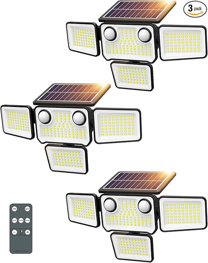 4500LM Solar Lights Outdoor Waterproof 254 LED Solar Flood Lights Outdoor with 2 Motion Sensor 4 Heads Security Light with Remote Control for Yard Outside House Garage 3 Pack