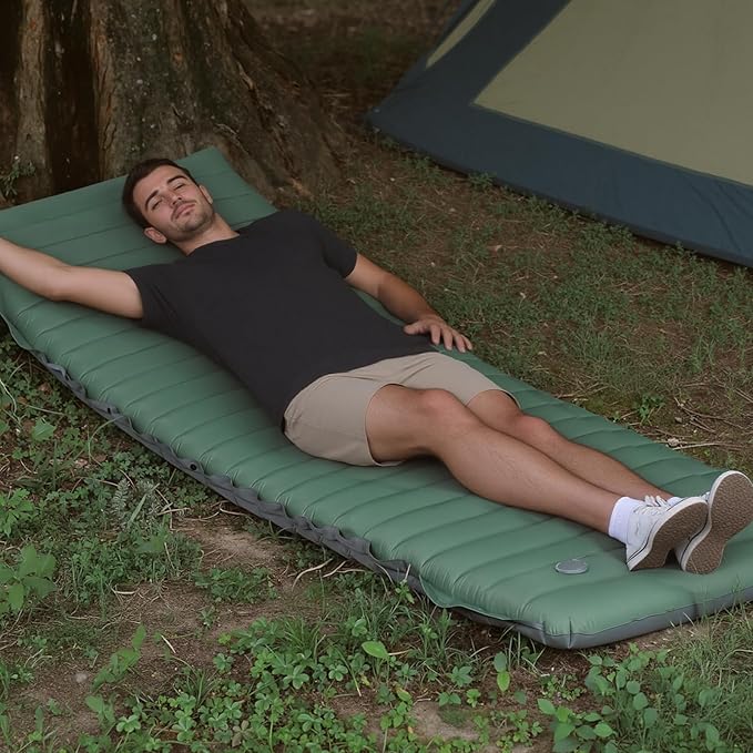Inflatable Mattress with Foot Pump for Camping Quick-Inflation Ultra-Light Sleeping Pad Foldable for Backpacking and Beach Picnics Green and Gray