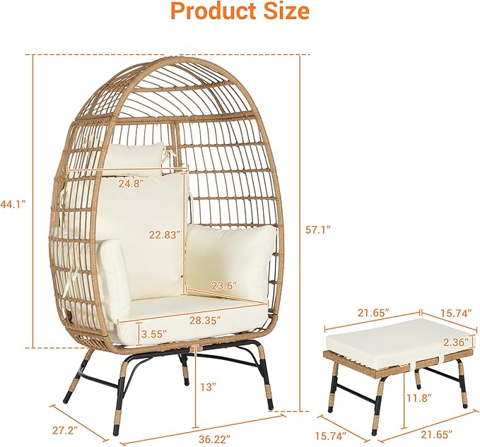 Wicker Egg ChairRattan Egg Chair Indoor OutdoorOversized Large Egg Chairs 600lbs with Ottoman and Thick Cushions for Porch Backyard Balcony