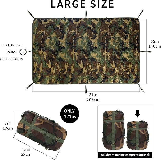 Camo Poncho Liner Army Blanket Military Sleeping Bag with A Compression Carrying Bag for Traveling Hiking Camping Outdoor Survival Car Blanket