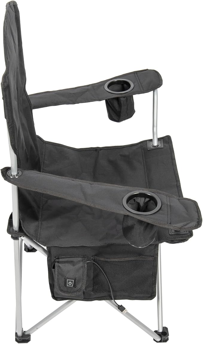 CAMP &amp GO Heated Deluxe Quad Camping Chair Folding Heated Chair with 18 USB Cable Storage Compartment and Cup Holders Black