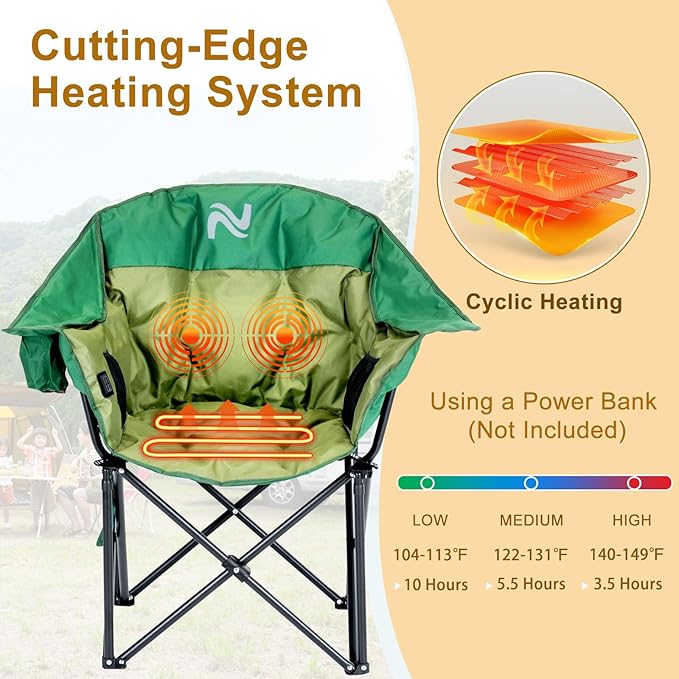 Slsy Oversized Heated Massage Camping Chair with Armrests Portable Padded Folding Chair Heavy-Duty 500 lbs Support for Camping Tailgating &amp Outdoor Relaxation