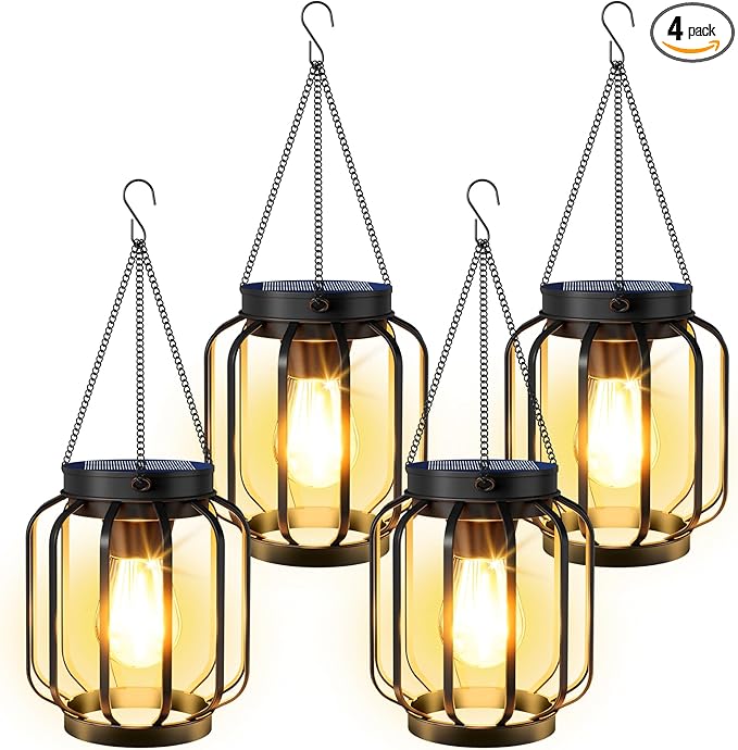 Solar Lanterns Outdoor Waterproof 4 Pack 14.37'' Metal Hanging Solar Lights for Outside with Auto On/Off &amp Hook - Brighter Hanging Outdoor Lanterns Decorative Lighting for Garden Patio Yard