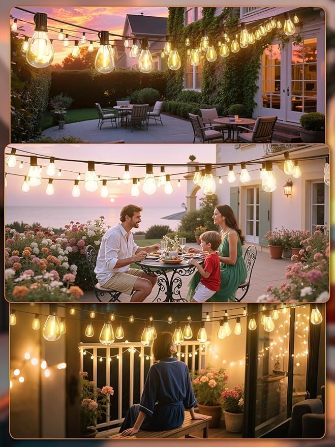 luckystyle 100FT LED Outdoor String Lights with Remote 35+ 1 Shatterproof Bulbs Waterproof and Dimmable Patio Lights for Porch Garden Backyard Deck Balcony 2700K Hanging Lighting