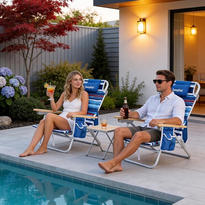 SUNNYFEEL Folding Beach Chair Aluminum Heavy Duty Beach Chair with 5-Position Portable Camping Chair for Adult Low Back Wood Armrest Lightweight 300lbs Blue Stripe 2 Pack