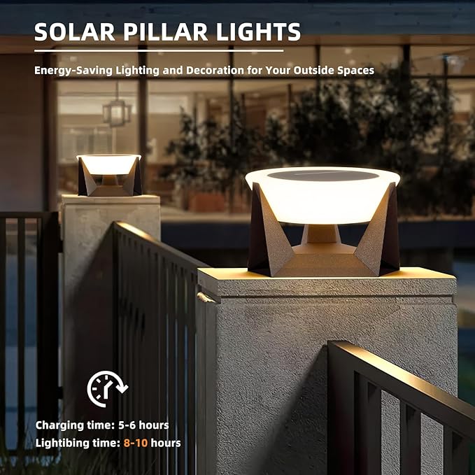 Solar Pillar Light15 Large Outdoor Post Lights Modern Column Cap Lights Dusk to Dawn Post Lamp IP54 Waterproof Deck Lantern 3000K Luxury LED Lighting for Entrance Patio Garden Decoration