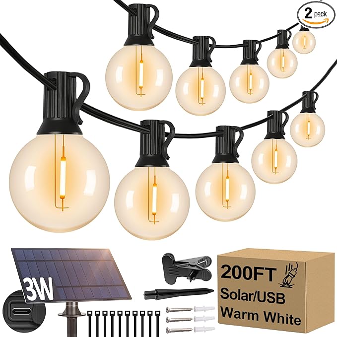 Lakumu 200FT（100FT*2） G40 Solar String Lights Globe Outdoor String Lights with 72 E12 Waterproof LED Bulbs 2700K Shatterproof Patio Lights Solar Powered Hanging Lights