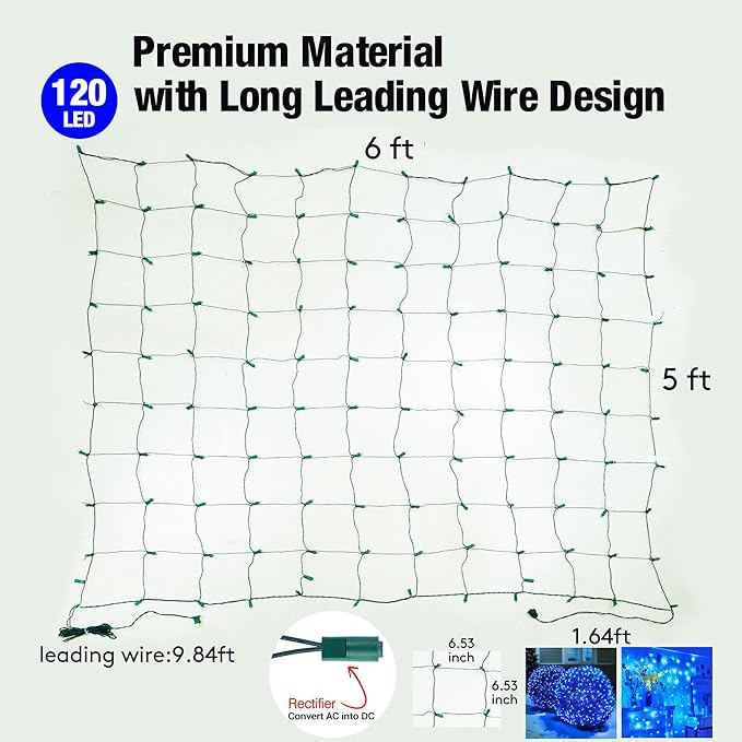 Led Blue Christmas Net Lights Outdoor Christmas Bushes Lights 120Led 6ftx5ft Connectable Outdoor Indoor Mesh Net Lighting for Xmas Holiday Garden Lawn Shrubs Trees Bushes Decorations