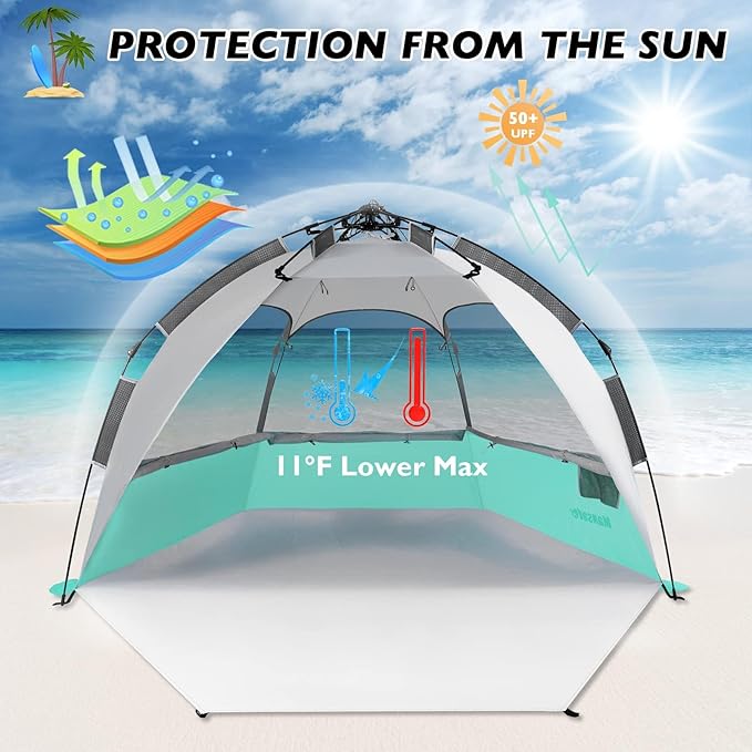 Beach Tent Pop Up Shade Instant Beach Tents Sun Shelter with UPF 50+ UV Protection Lightweight &amp Easy Setup Tent 2-6 Person