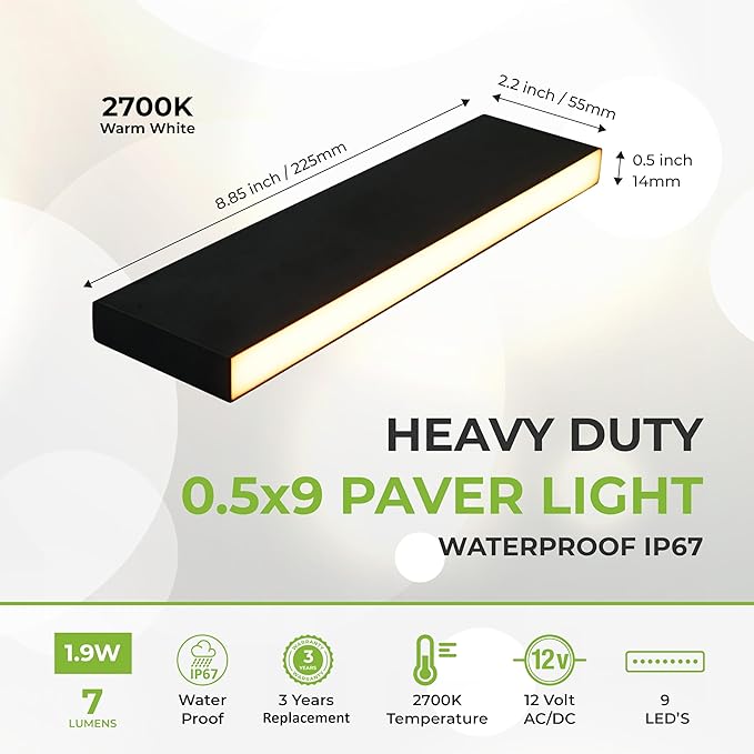 LUMENGY Paver Light Slim 0.5x9 Inch (0.55x8.85) 2700K Warm White Glare-Free Linear Lighting for Driveways Walkways and Paver Borders 12V Hardwired IP67 Waterproof Drive-Over Rated
