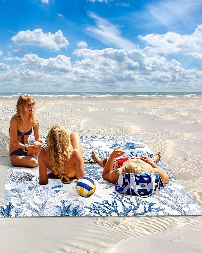 Water Blue Coral Beach Blanket Waterproof Sandproof Summer Marine Life Shell Starfish Beach Mat Quick Drying Outdoor Picnic Mat 118 x 108 for 1-8 Adults Essentials for Travel Camping Hiking