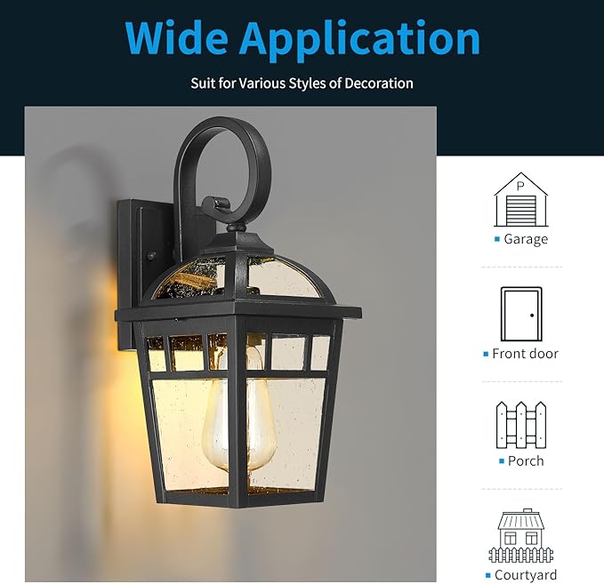 Front Porch Lights Outdoor Wall Lights Exterior Wall Sconce Matte Black Exterior Light Fixtures with Seeded Glass Farmhouse Outdoor Lighting Fixtures for House Garage Porch Patio 2 Pack