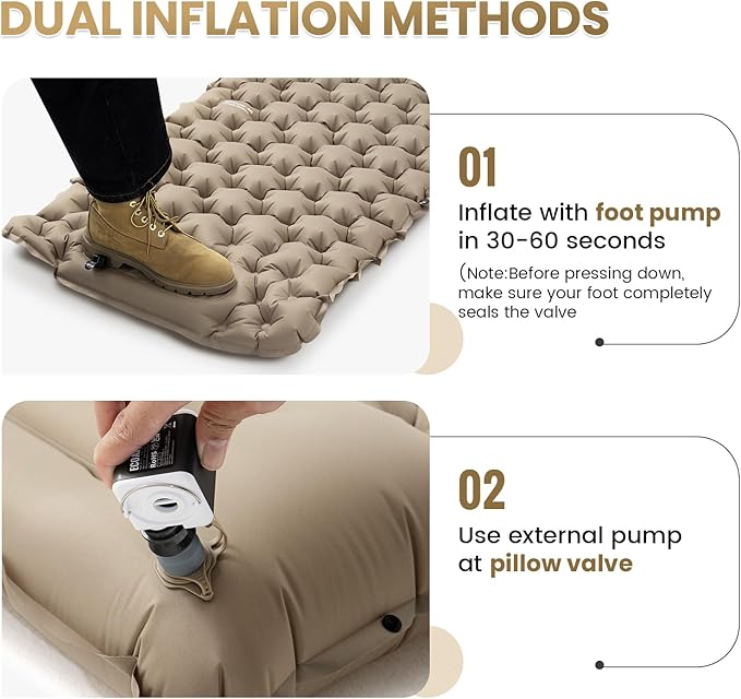 ONETIGRIS BLACKCRYSTAL Camping Sleeping Pad with Built-in Foot Pump Inflatable Sleeping Pad with Built-in Pillow Connectable Camping Air Mattress for Backpacking HikingTent Camping Lightweight