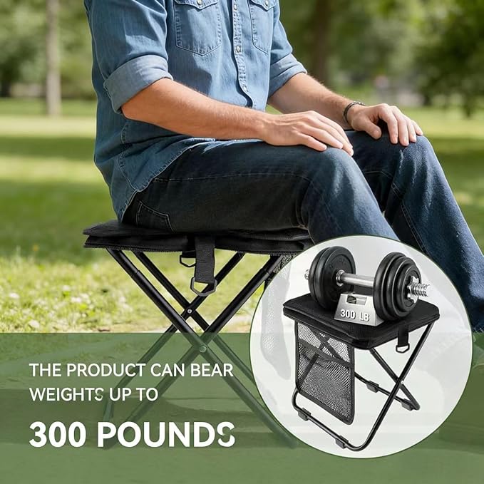 Extra Large Foldable Backpack Stoolpockets and side pockets Compact adult-sized portable stool ideal for camping hiking outdoor activities and events Maximum weight capacity 300 lbs (Black)