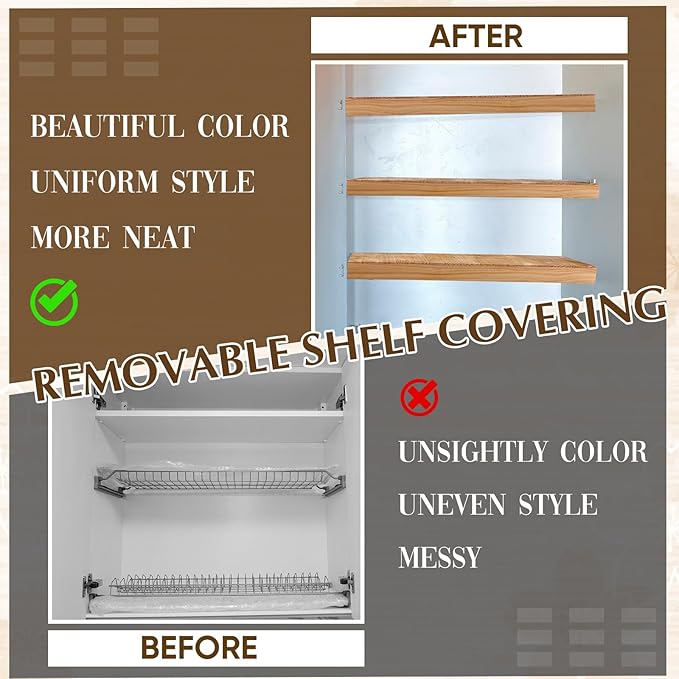 Hoolerry 3 Sets Wire Shelf Covers Wood Wire Rack Covers for Shelving Pantry Closet Removable Closet with 18 Grain Stickers for Pantry Home and Kitchen Organization (36 x 16 InchWood Color)