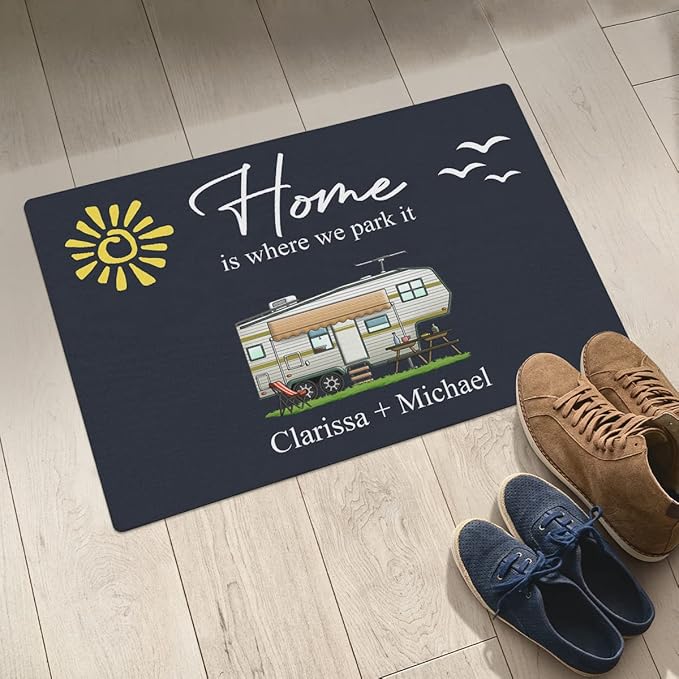 Personalized Home is Where We Park It Doormat Camping - Custom Family Name Camping Door Mat RV Accessories for Inside Outside Campsite Decorations for Travel Trailers Decorative Gift Motorhome Rugs