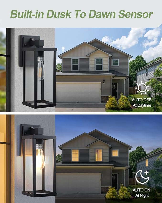LITFIT 14'' Dusk to Dawn Outdoor Lighting Die-Casting Aluminum Exterior Wall Sconces Hardwired Black Outside Lighting for House Garage PorchFront Door Patio 2-Pack Bulbs Not Included