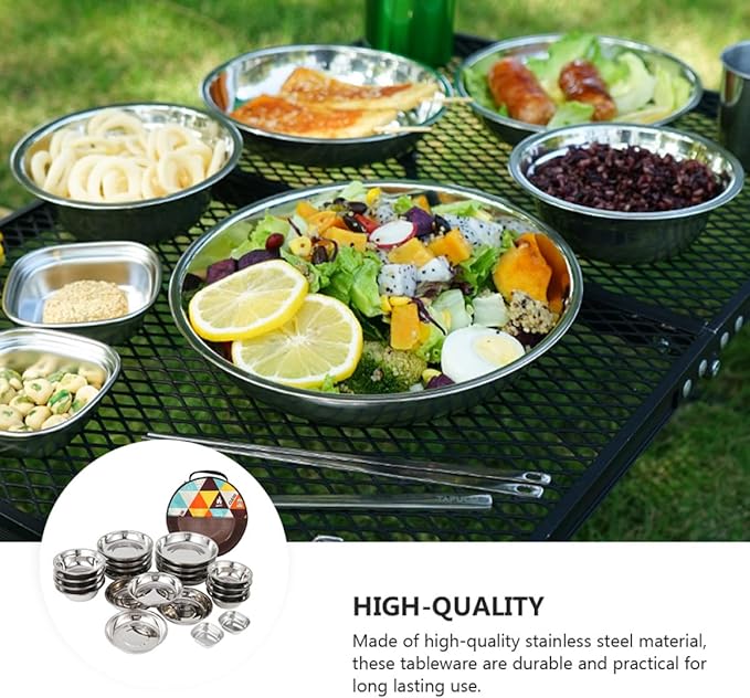 Portable Camping Dining Food-Grade Stainless Steel Tableware with Plates Bowls Cutlery Corrosion-Resistant Utensils with Storage Bag for Hiking Picnic Outdoor Use